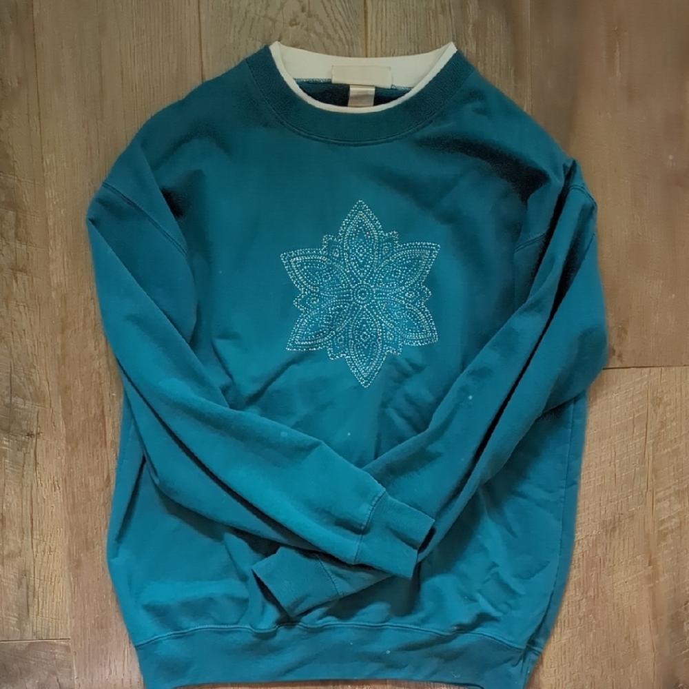 Teal Vintage Sweatshirt with Embroidered Mandala Design